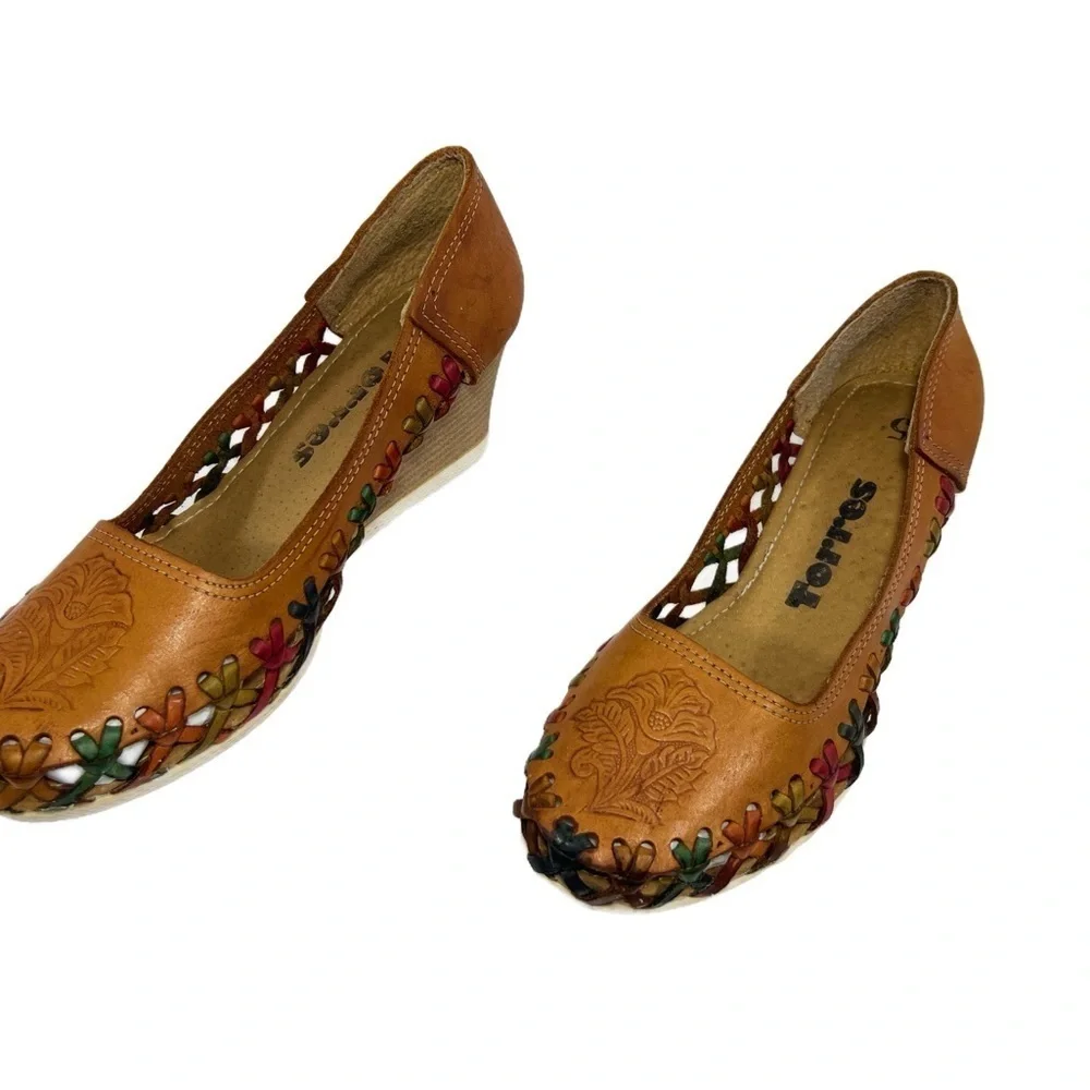 Torres Tooled Tan Leather Huarache Laced Wedge Womens size 5